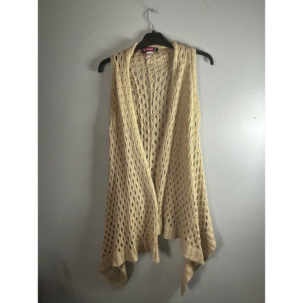 Say What? Women Tan Beige Open Knit Crochet‎ Draped Sharkbite Vest Small 28274